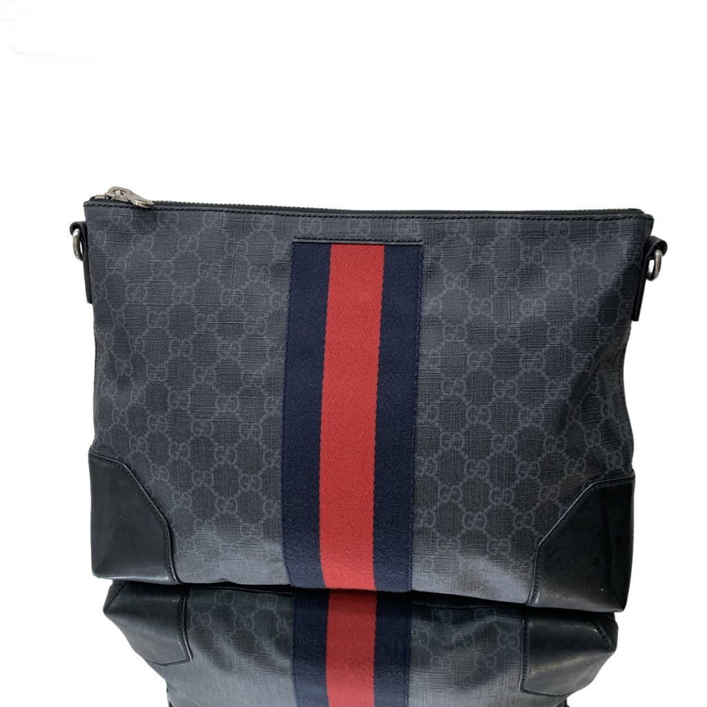 Gucci GG Supreme Messenger Bag – Black/Grey Coated Canvas with Blue and Red Web Stripe