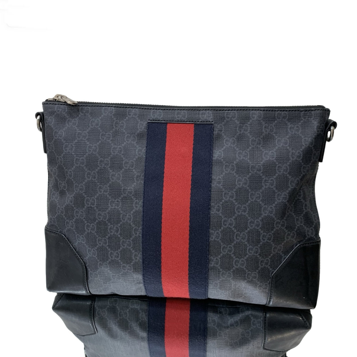 Gucci GG Supreme Messenger Bag – Black/Grey Coated Canvas with Blue and Red Web Stripe