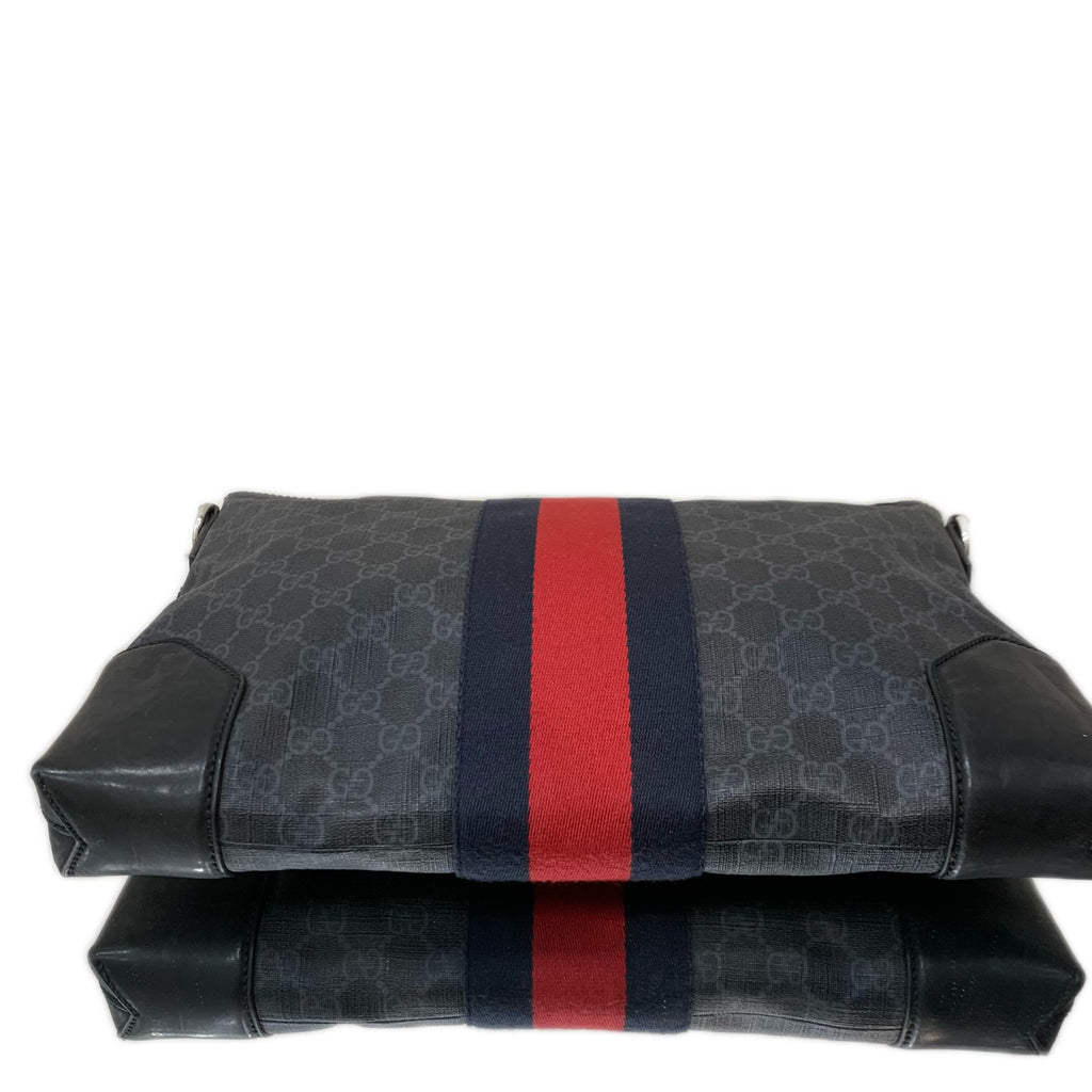 Gucci GG Supreme Messenger Bag – Black/Grey Coated Canvas with Blue and Red Web Stripe