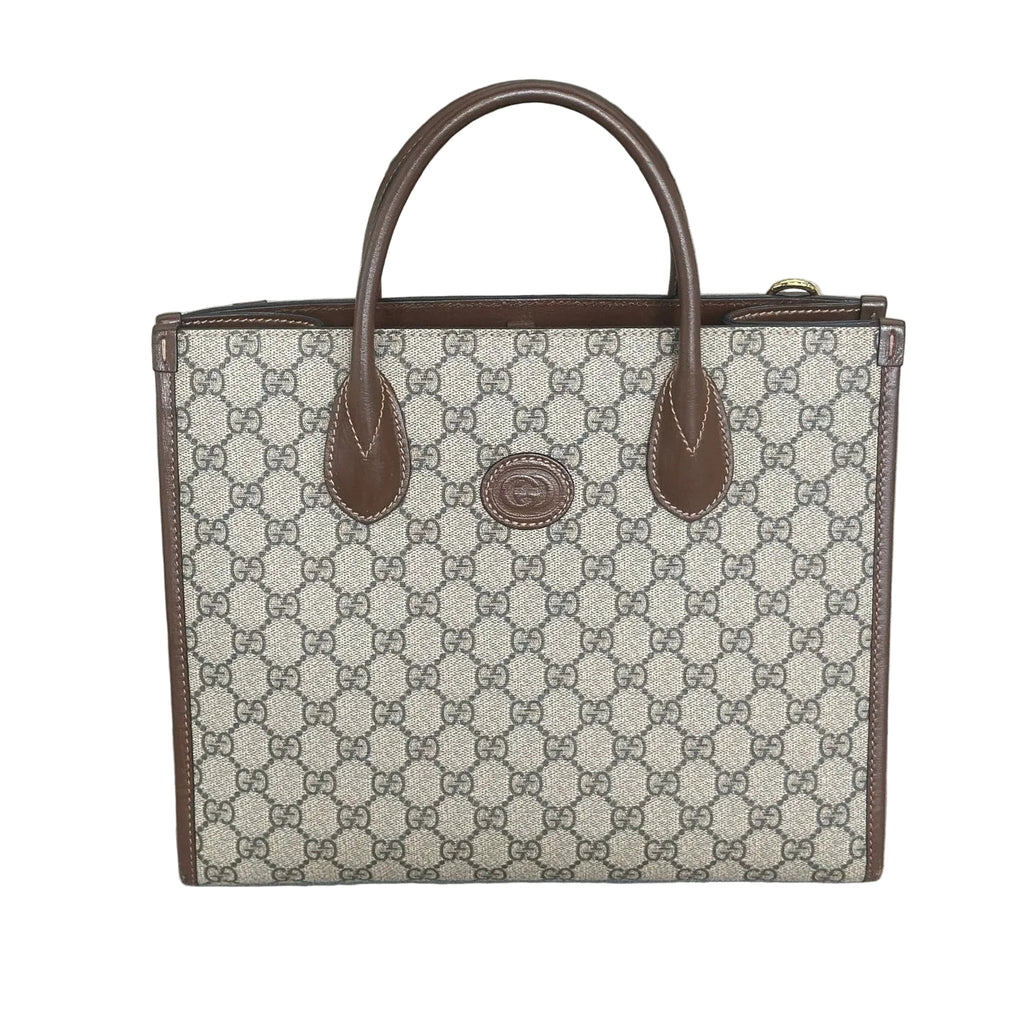 Gucci Interlocking G Medium Tote Bag - GG Supreme Canvas with Brown Leather Trim