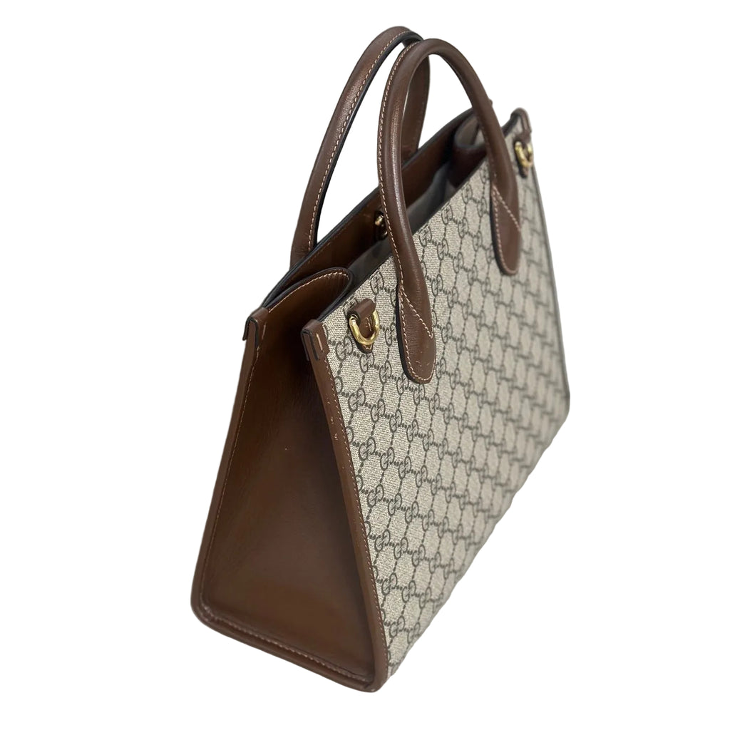 Gucci Interlocking G Medium Tote Bag - GG Supreme Canvas with Brown Leather Trim
