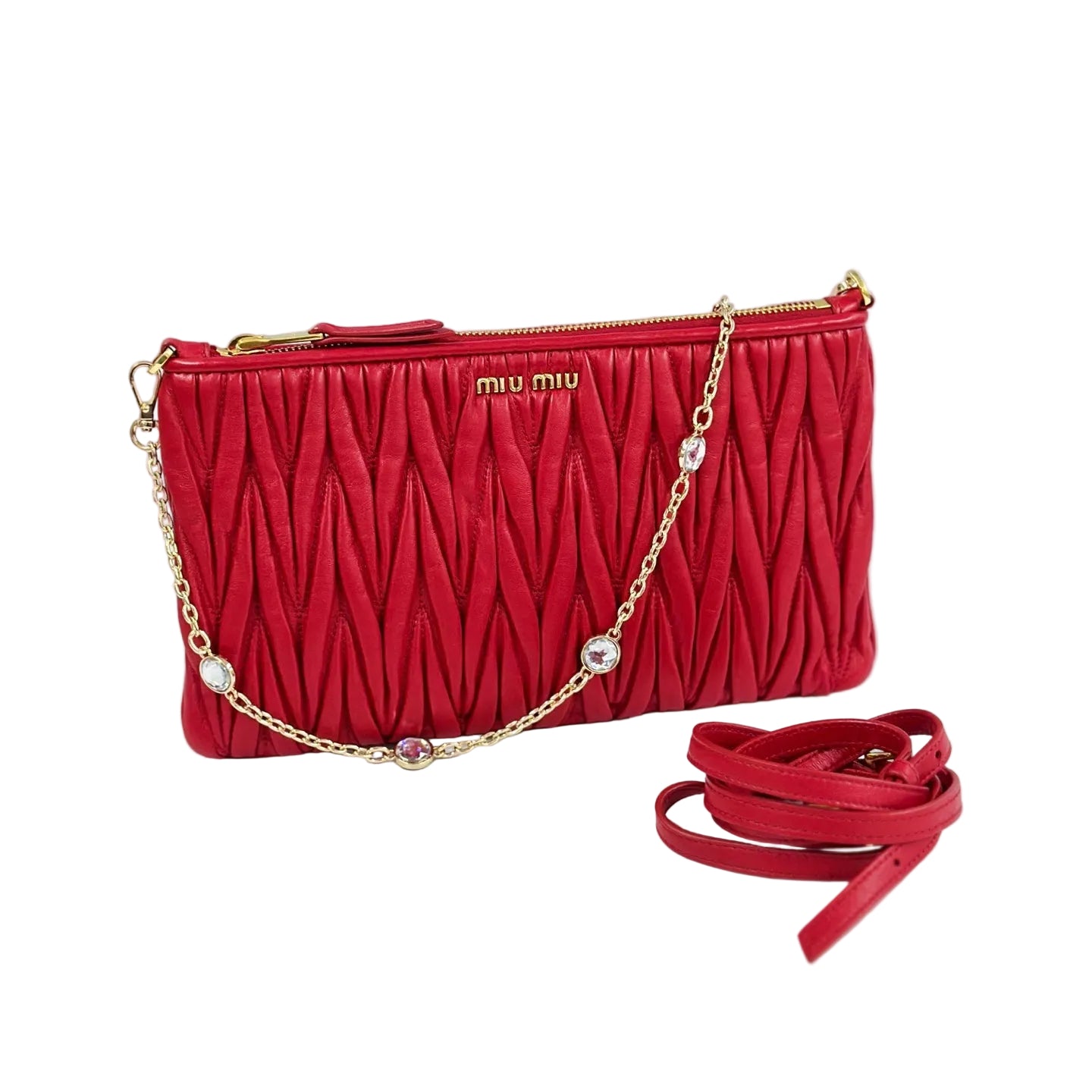 Miu Miu Matelassé Nappa Leather Pochette - Red with Crystal Chain & Leather Strap