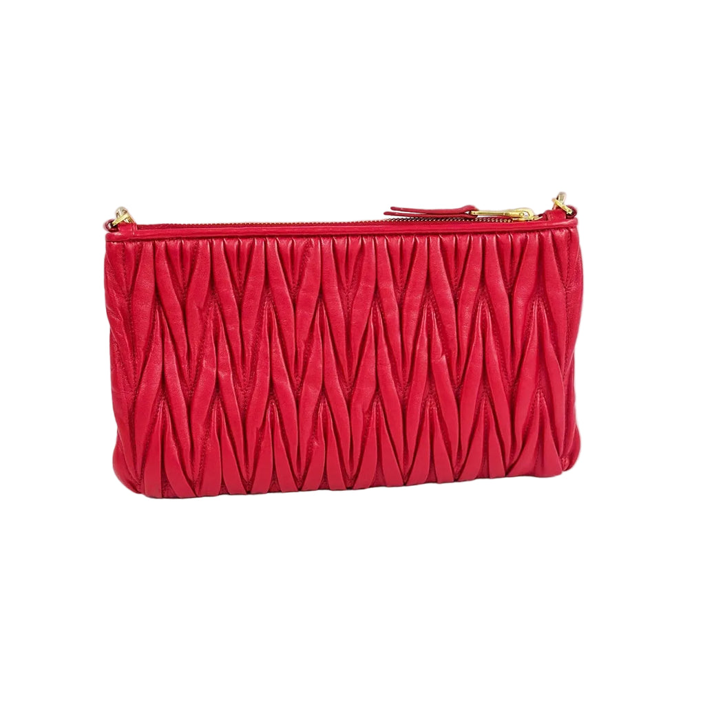 Miu Miu Matelassé Nappa Leather Pochette - Red with Crystal Chain & Leather Strap