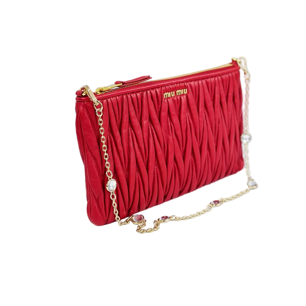 Miu Miu Matelassé Nappa Leather Pochette - Red with Crystal Chain & Leather Strap