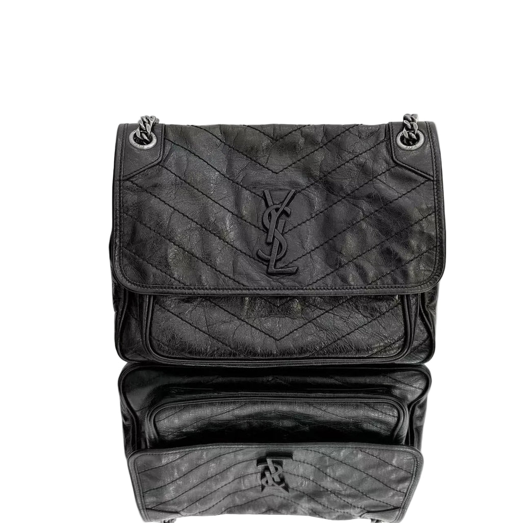 Saint Laurent Niki Medium Shoulder Bag - Black Crinkled Calfskin