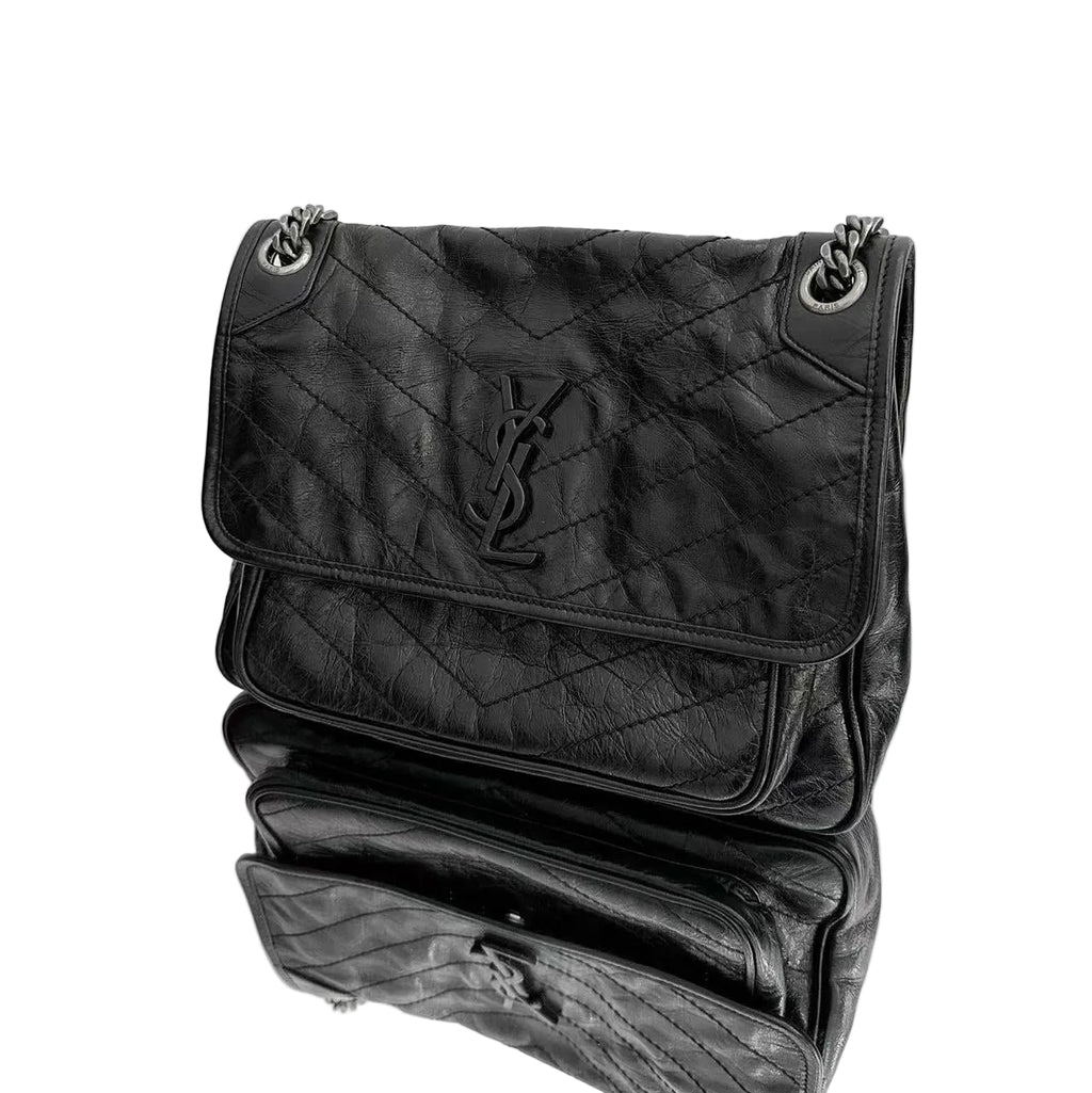 Saint Laurent Niki Medium Shoulder Bag - Black Crinkled Calfskin