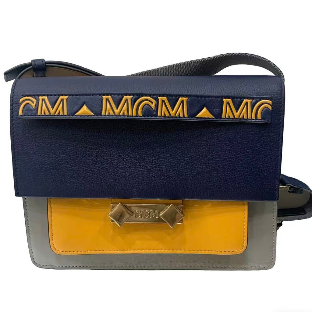 MCM M-PUP Colorblock Shoulder Bag - Navy Blue, Yellow & Grey Leather