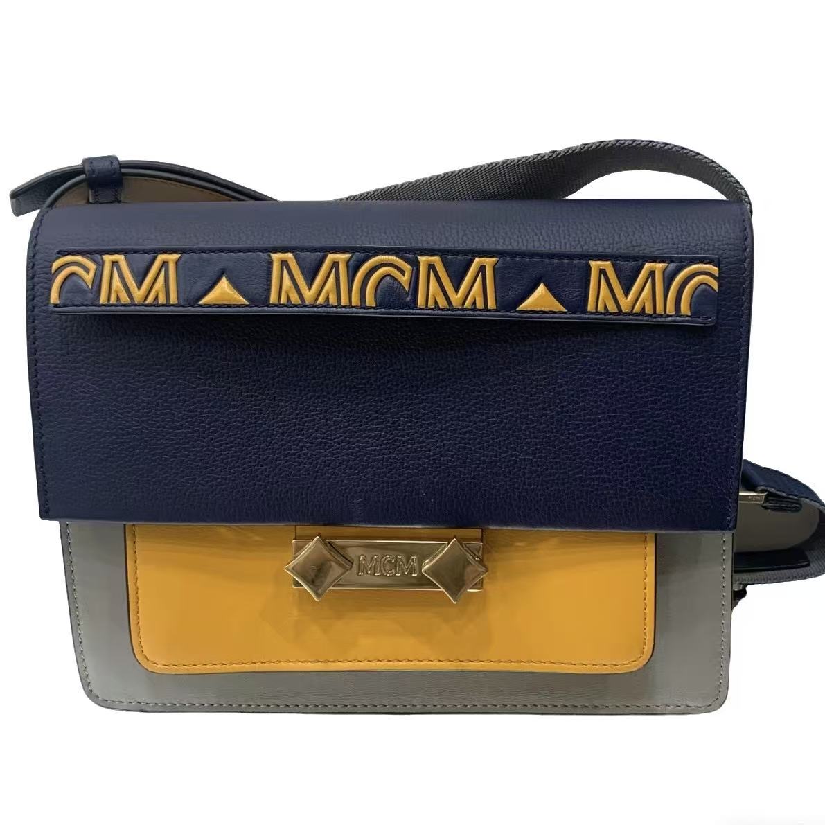 MCM M-PUP Colorblock Shoulder Bag - Navy Blue, Yellow & Grey Leather