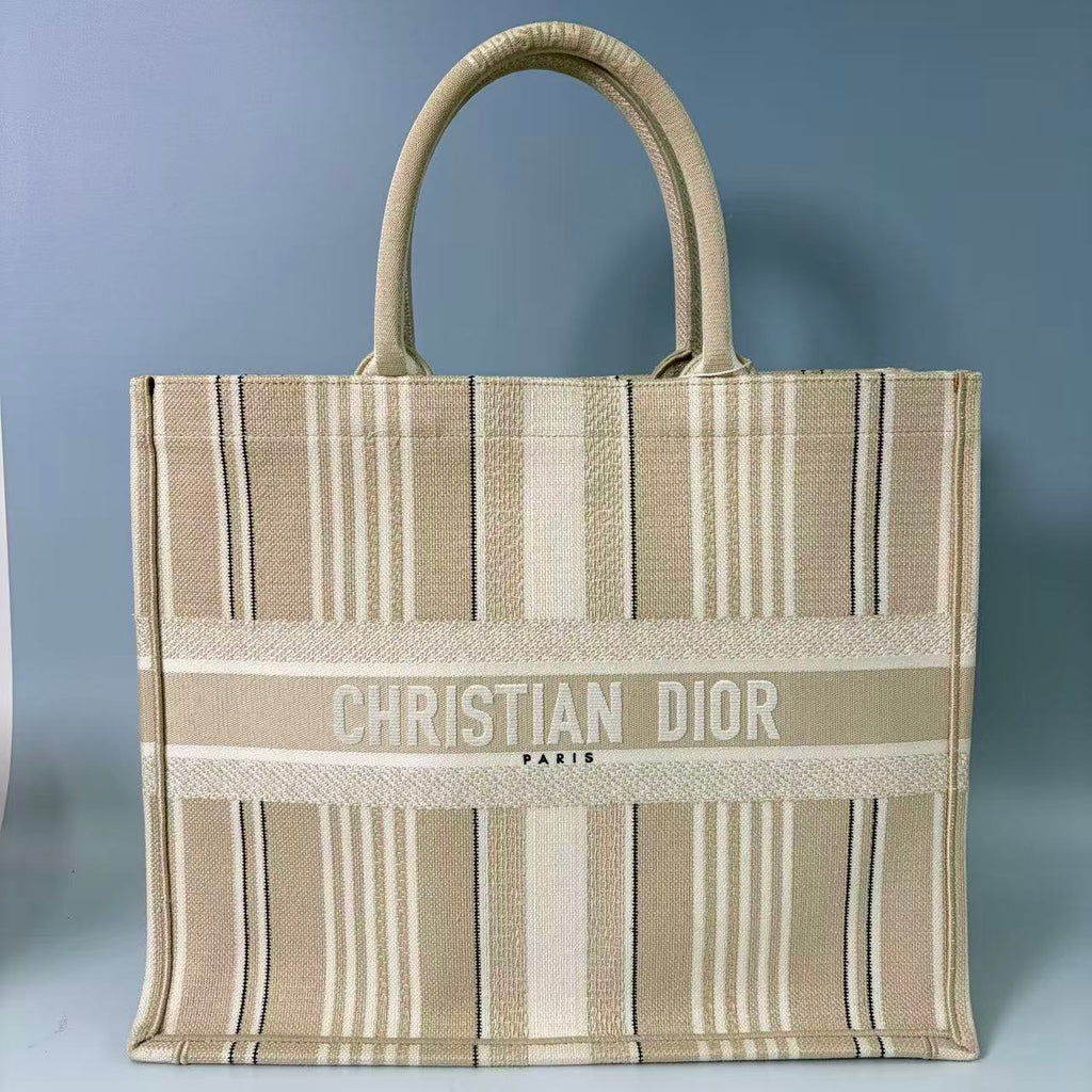 Christian Dior Large Book Tote in Beige Bayadère Embroidered Canvas