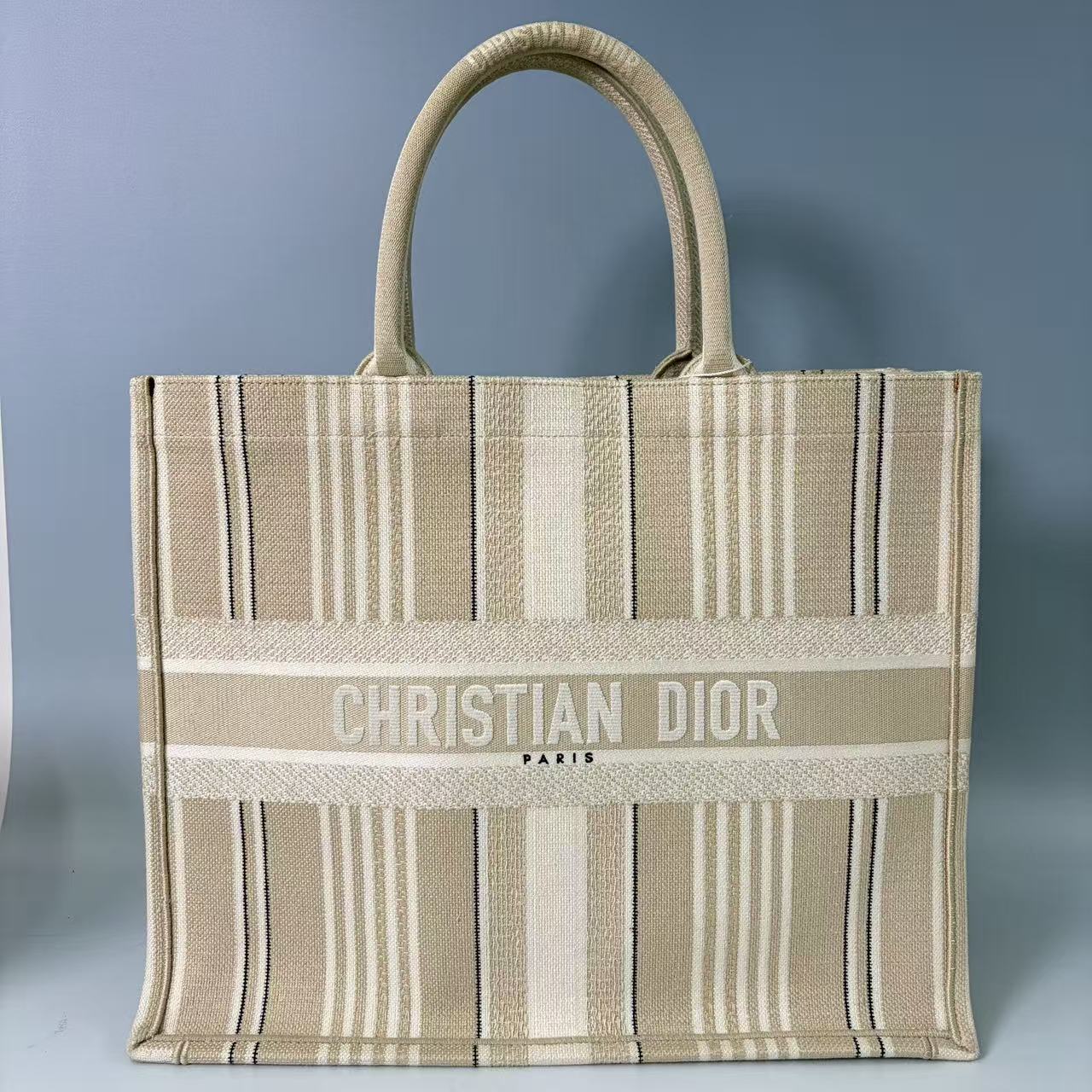 Christian Dior Large Book Tote in Beige Bayadère Embroidered Canvas