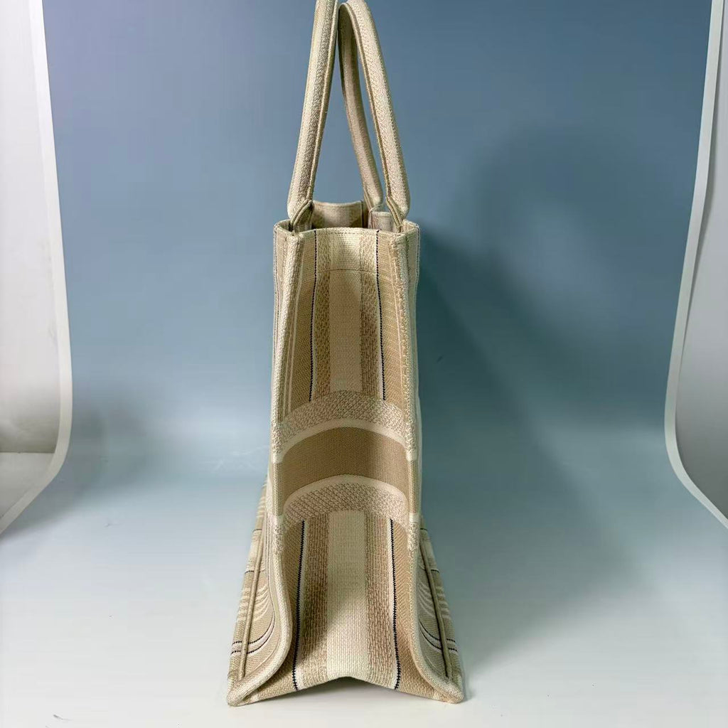 Christian Dior Large Book Tote in Beige Bayadère Embroidered Canvas