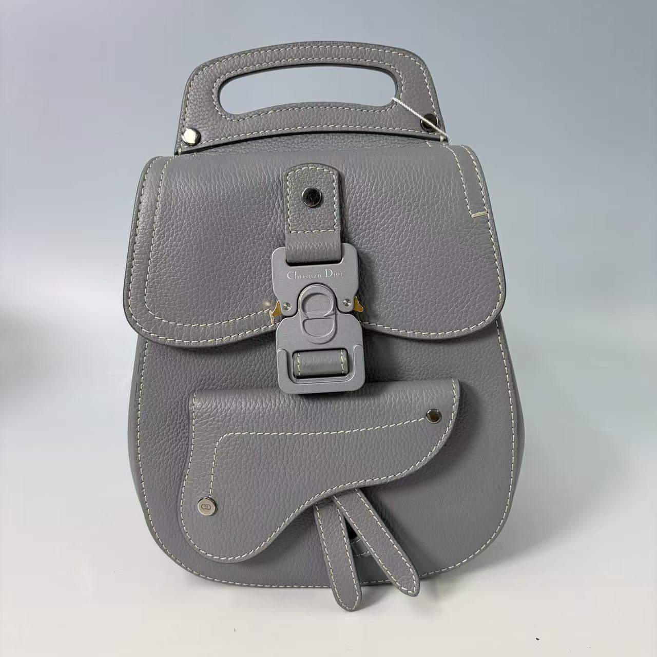 Christian Dior Motion Saddle Backpack in Grey Grained Calfskin