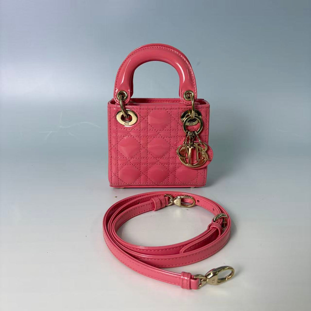 Christian Dior Micro Lady Dior Bag in Pink Cannage Patent Leather