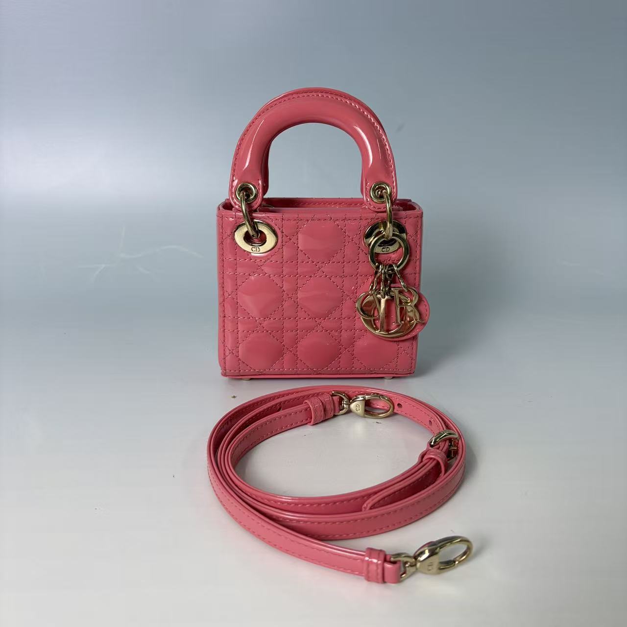 Christian Dior Micro Lady Dior Bag in Pink Cannage Patent Leather