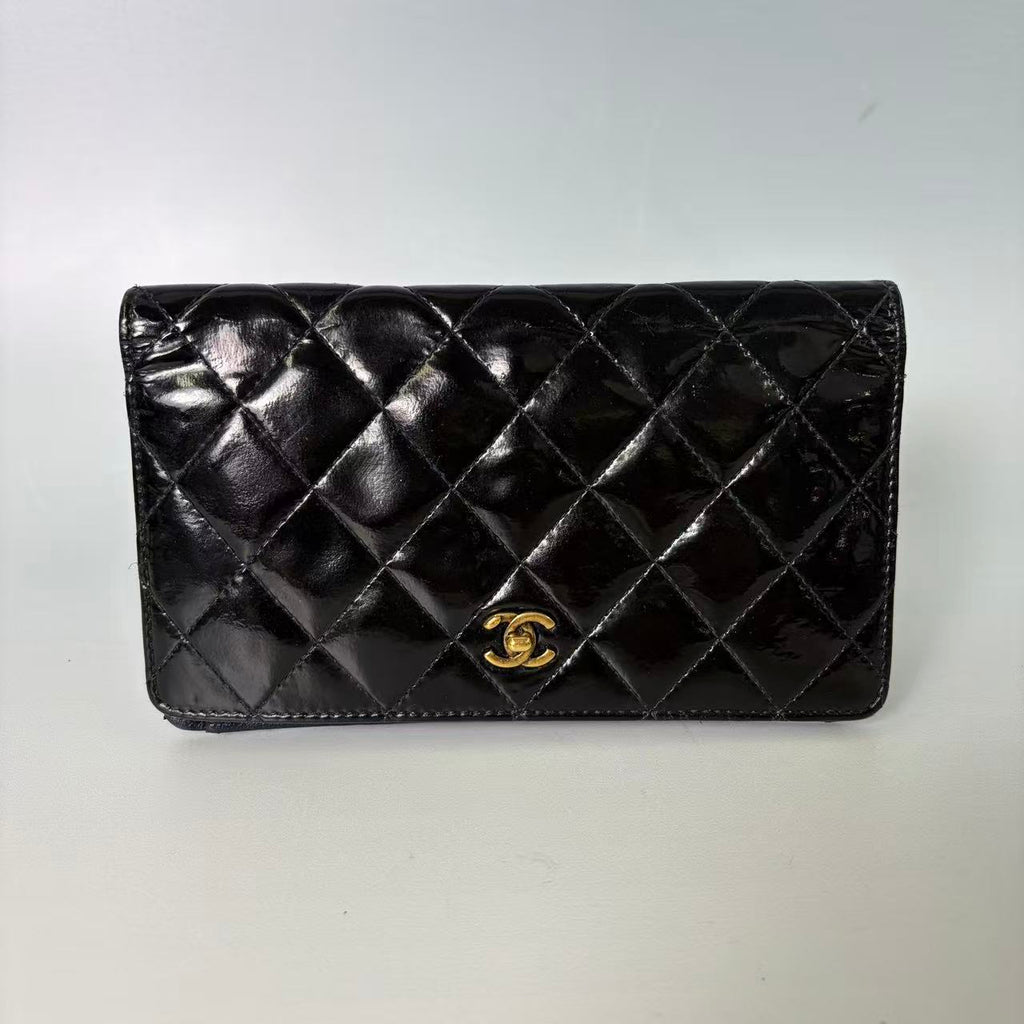 Chanel Classic Long Flap Wallet in Black Quilted Patent Leather