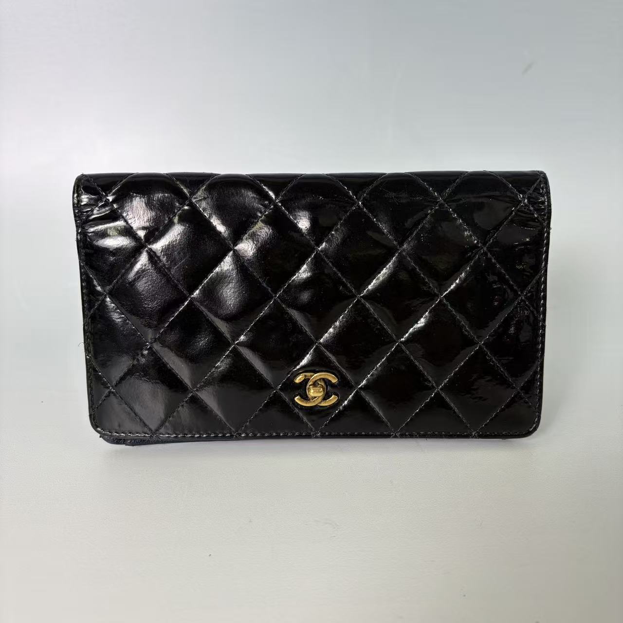 Chanel Classic Long Flap Wallet in Black Quilted Patent Leather