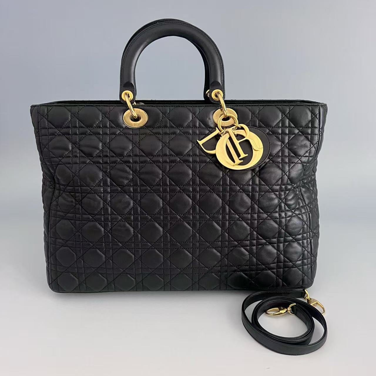 Christian Dior Black Cannage Lambskin Large Lady Dior Tote Bag
