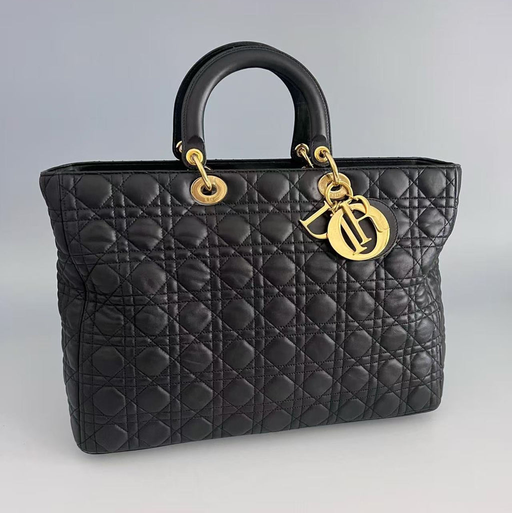 Christian Dior Black Cannage Lambskin Large Lady Dior Tote Bag