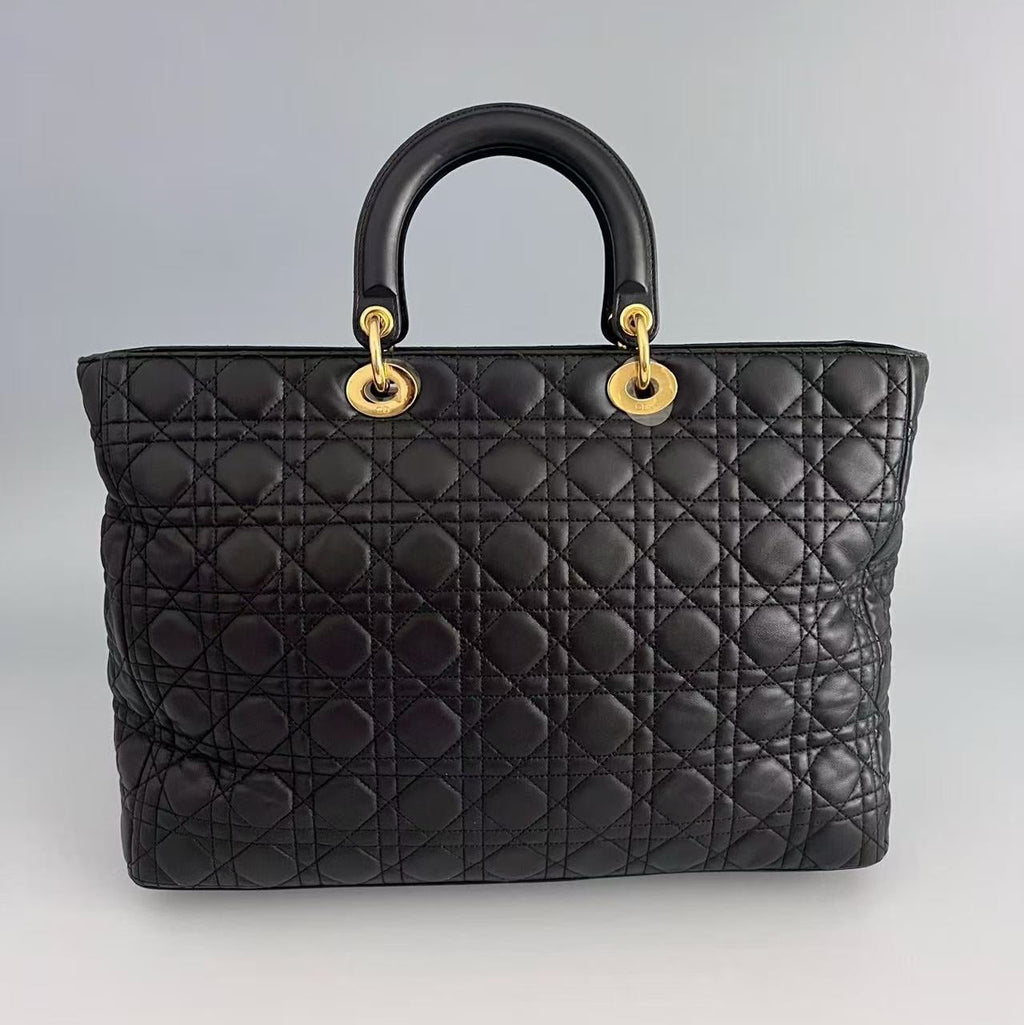 Christian Dior Black Cannage Lambskin Large Lady Dior Tote Bag
