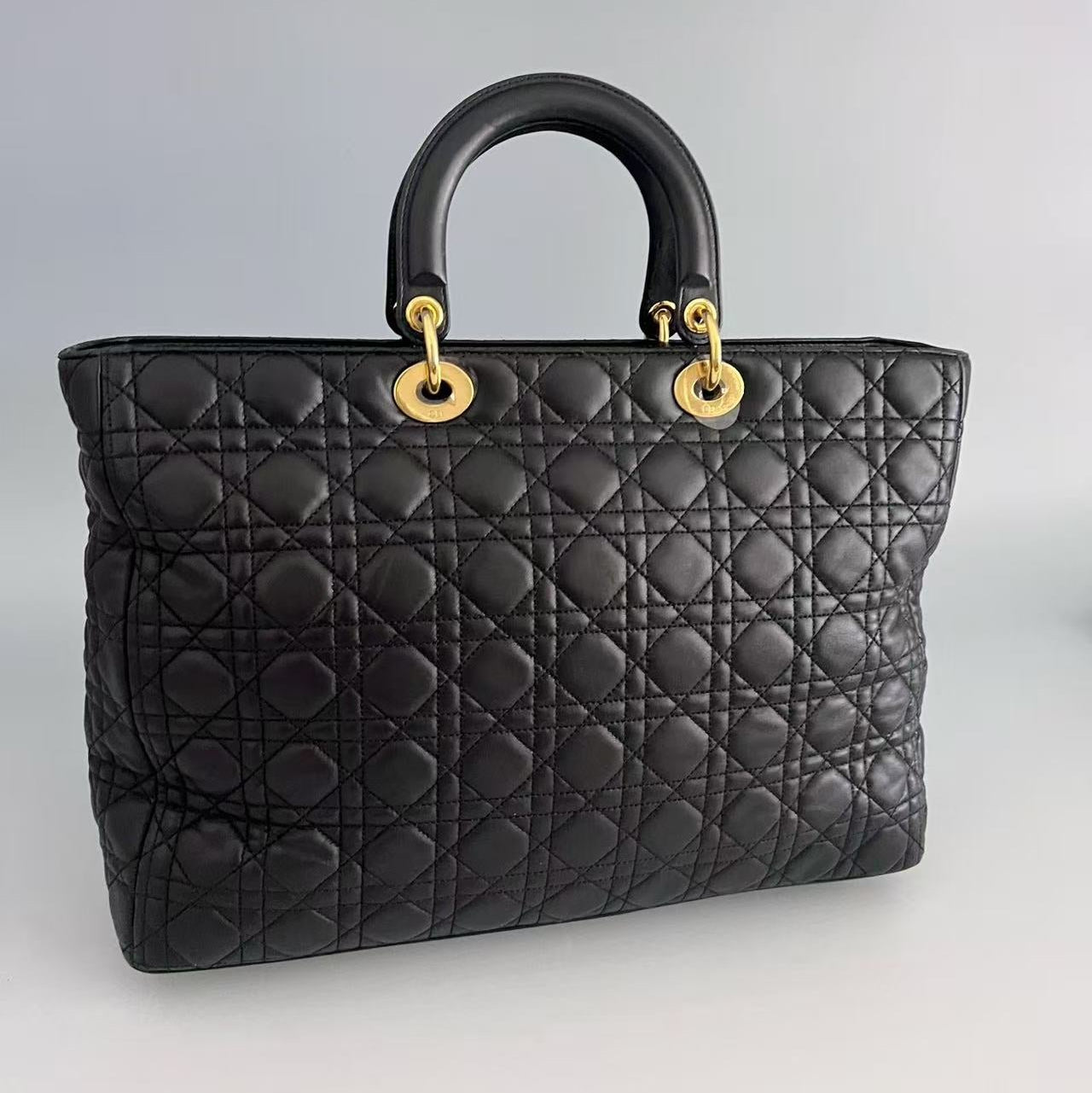 Christian Dior Black Cannage Lambskin Large Lady Dior Tote Bag