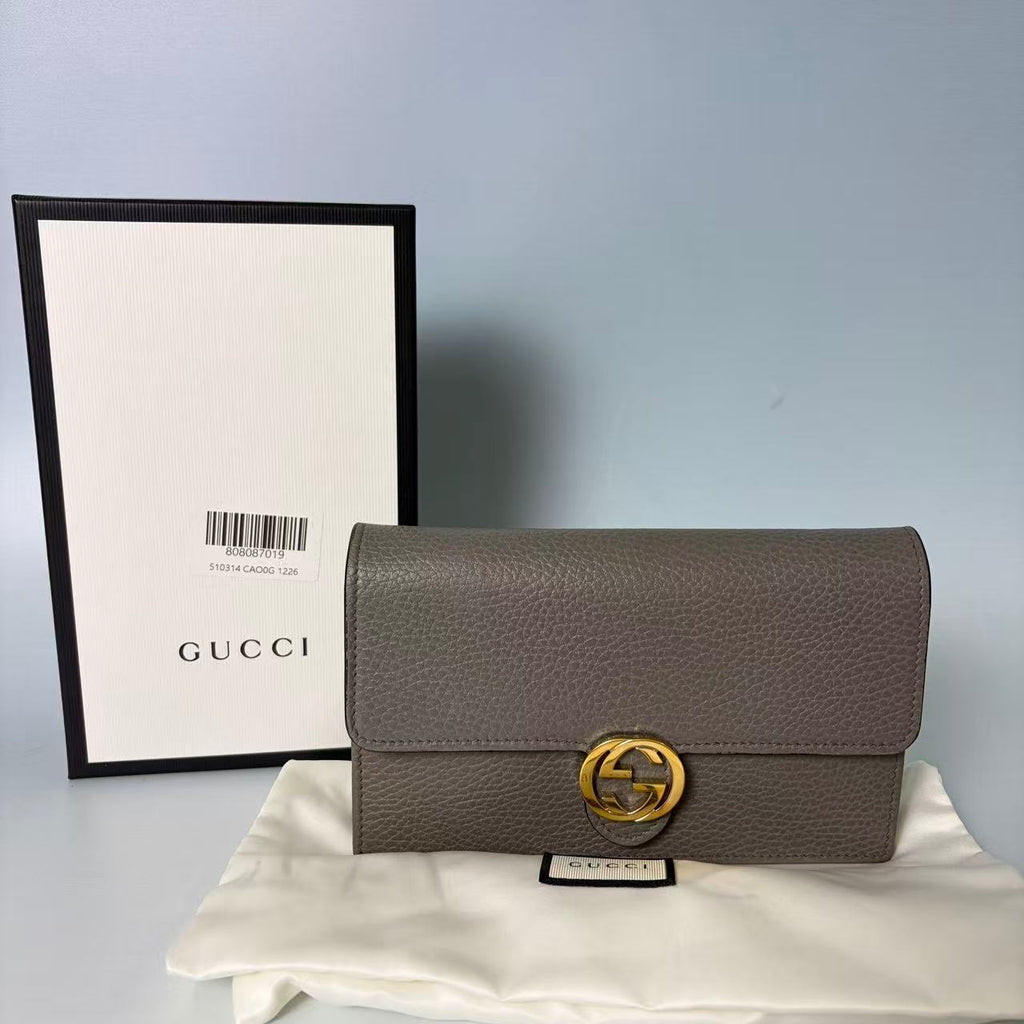 Gucci Interlocking G Dollar Calf Leather Chain Wallet (WOC)