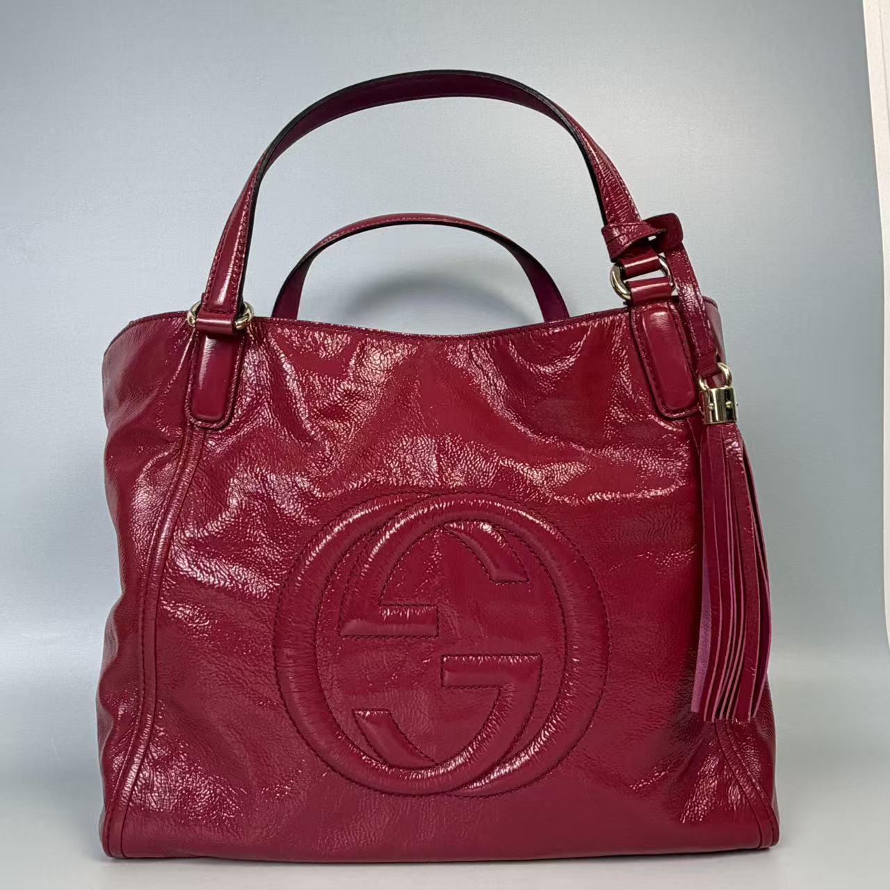 Gucci Soho Interlocking G Patent Leather Satchel with Tassel