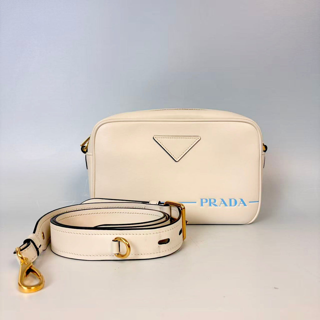 Prada Chalk White Soft Calfskin Leather Shoulder Bag with Screen-Printed Logo
