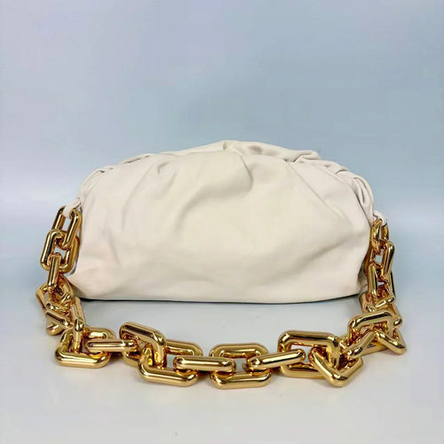 Pre-Owned - Bottega Veneta Chalk White The Chain Pouch with Gold Hardware Authentic Luxury by LUXE LINK
