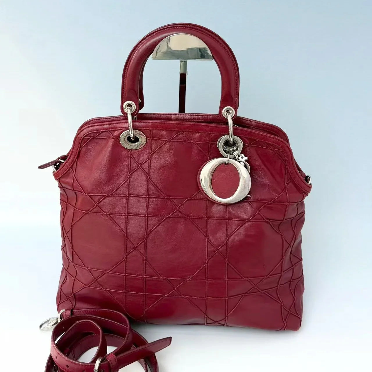 Christian Dior Burgundy Cannage Lambskin Granville Bag with Silver Hardware