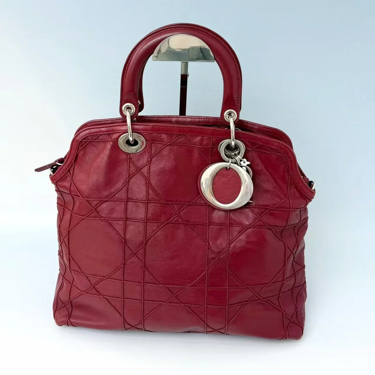 Christian Dior Burgundy Cannage Lambskin Granville Bag with Silver Hardware