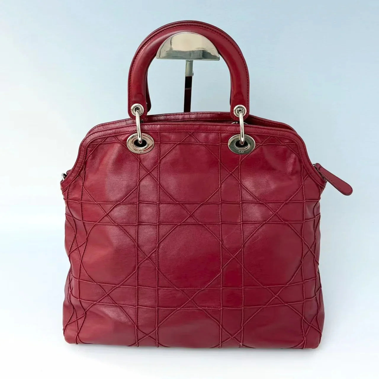 Christian Dior Burgundy Cannage Lambskin Granville Bag with Silver Hardware