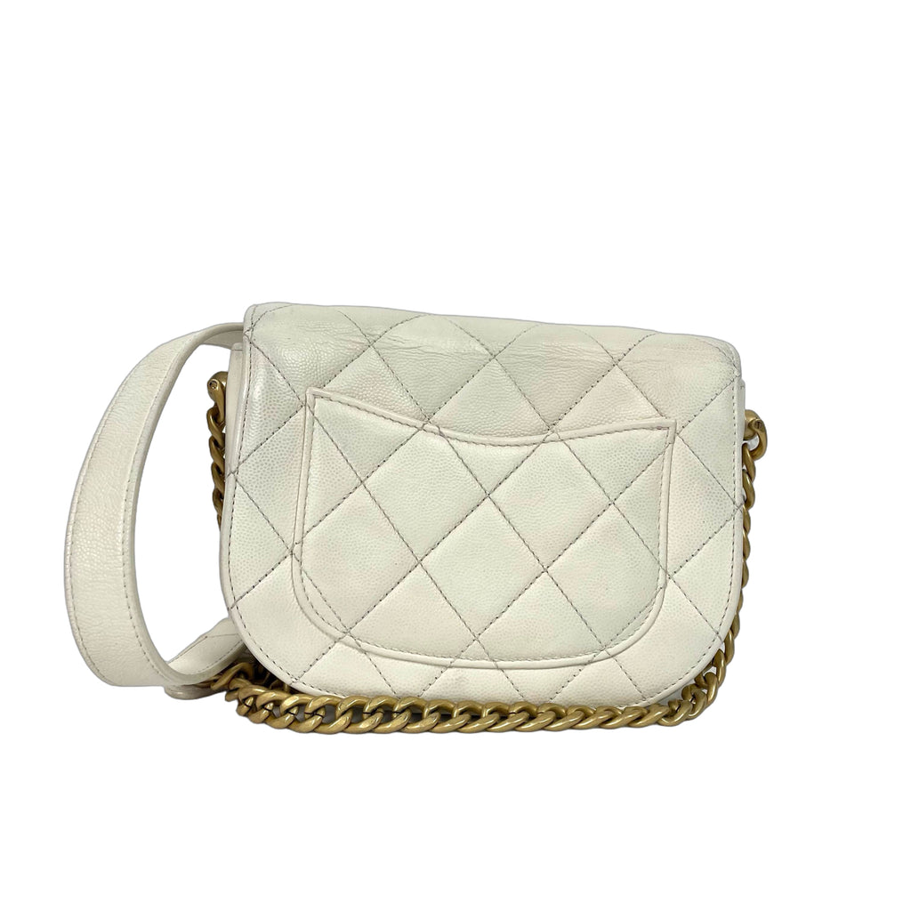 Chanel Vintage Caviar Leather Quilted Half Moon Flap Bag - White
