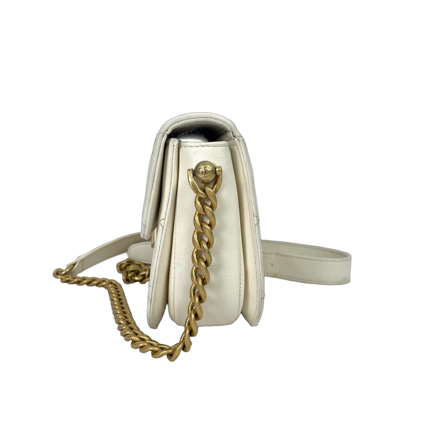 Chanel Vintage Caviar Leather Quilted Half Moon Flap Bag - White