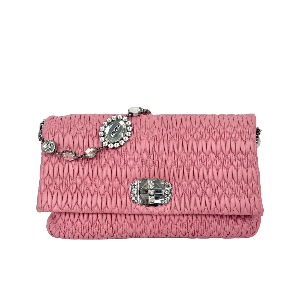 Miu Miu Cloqué Matelassé Leather Shoulder Bag with Crystal Chain