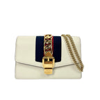 Gucci Sylvie Super Mini Bag - White Leather with Blue and Red Web