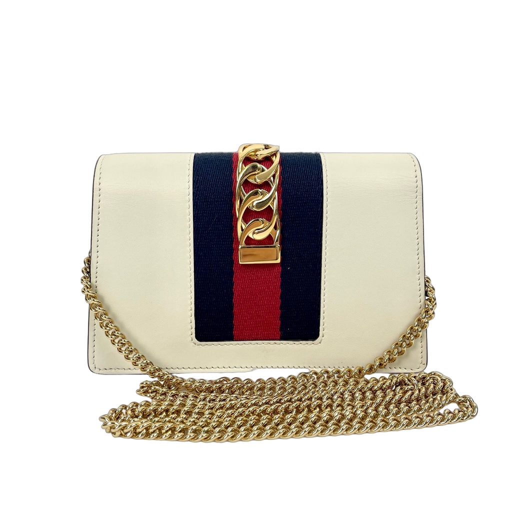 Gucci Sylvie Super Mini Bag - White Leather with Blue and Red Web