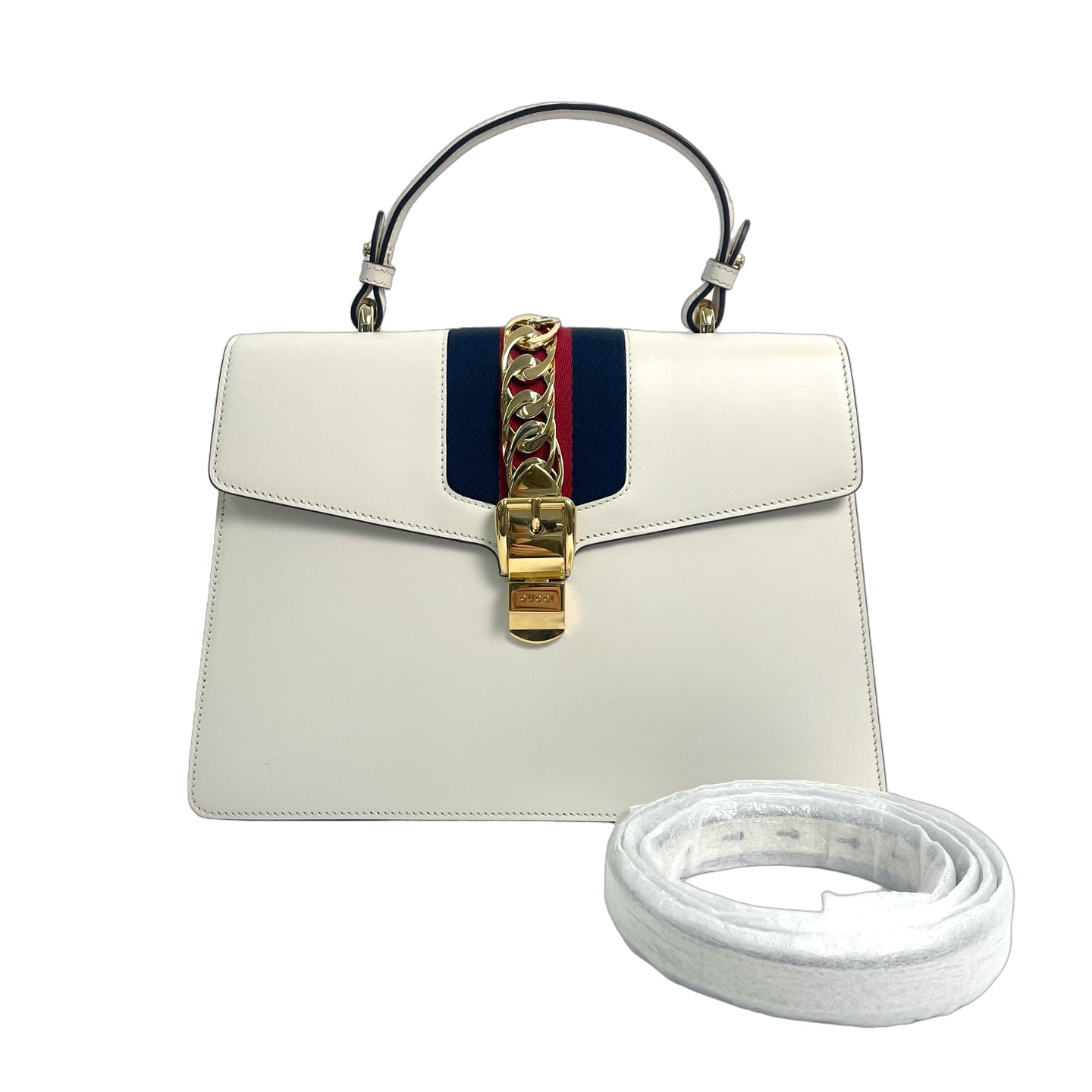 Gucci Sylvie Medium Leather Top Handle Bag in White