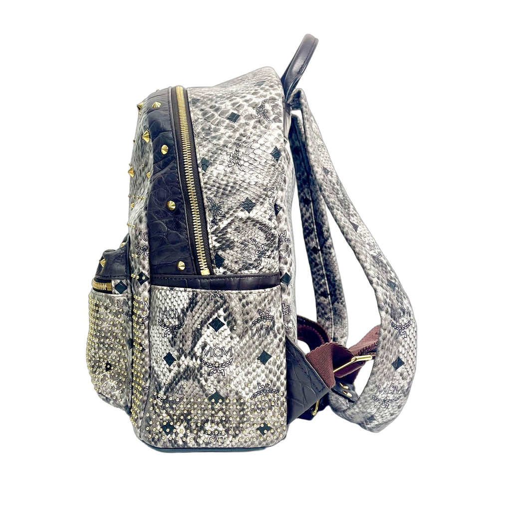 MCM Stark Python Print Leather Backpack with Studs and Croc-Embossed Trim