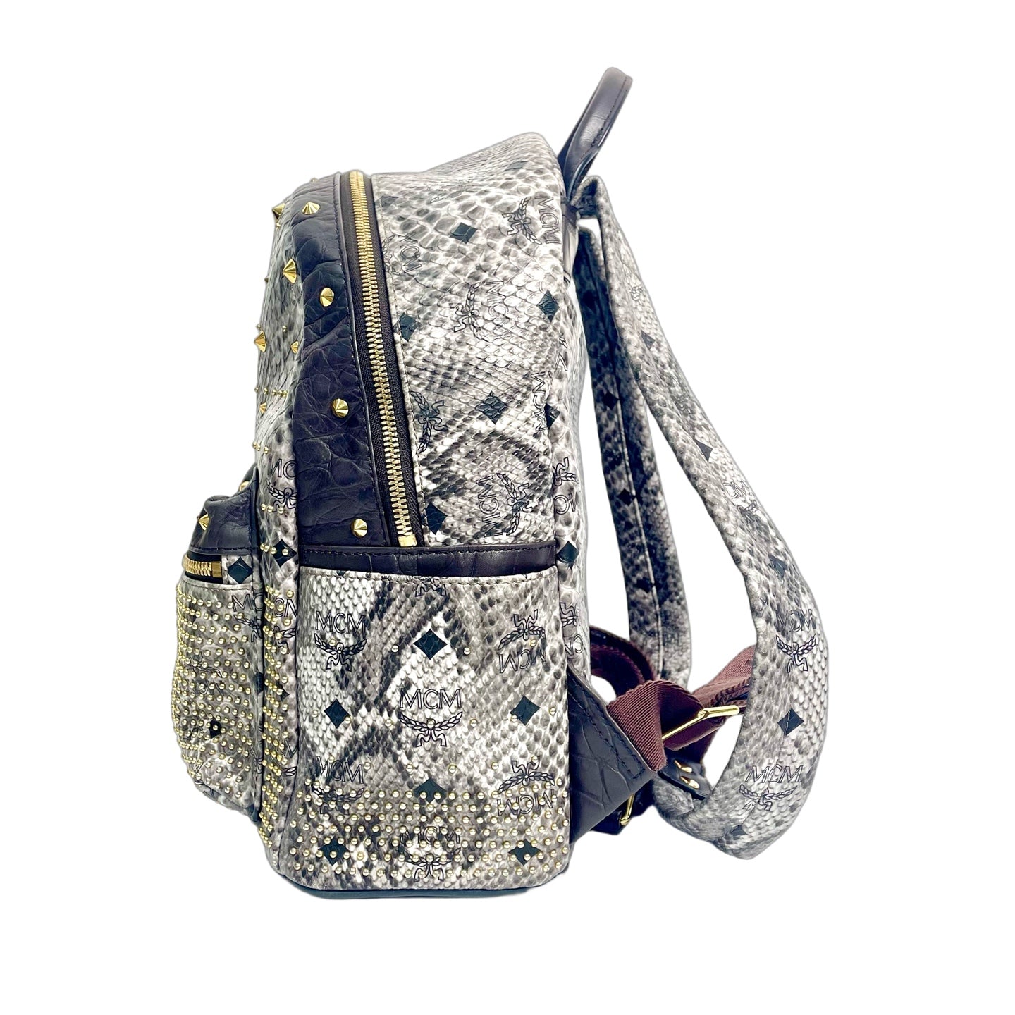 MCM Stark Python Print Leather Backpack with Studs and Croc-Embossed Trim