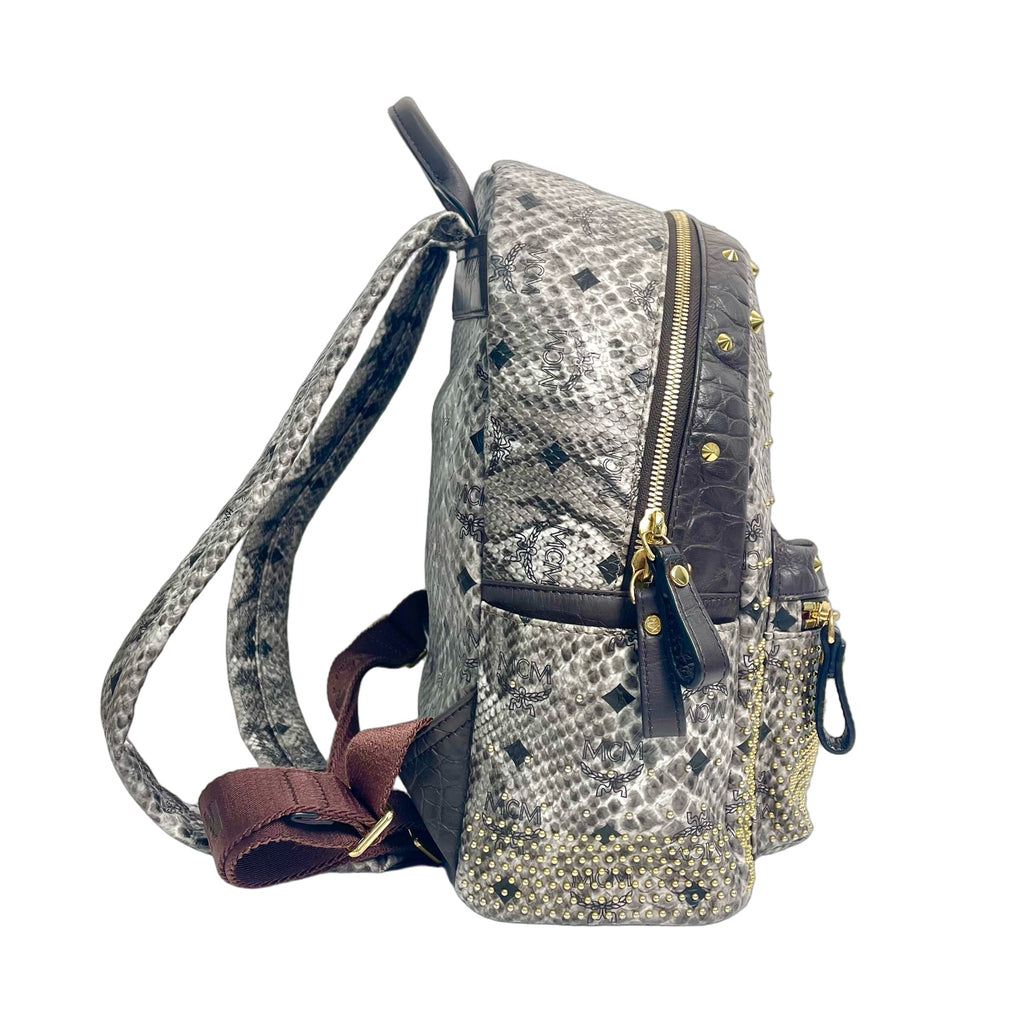 MCM Stark Python Print Leather Backpack with Studs and Croc-Embossed Trim