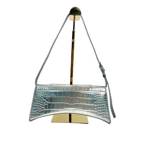 Balenciaga Hourglass Small Shoulder Bag in Metallic Croc-Embossed Calfskin
