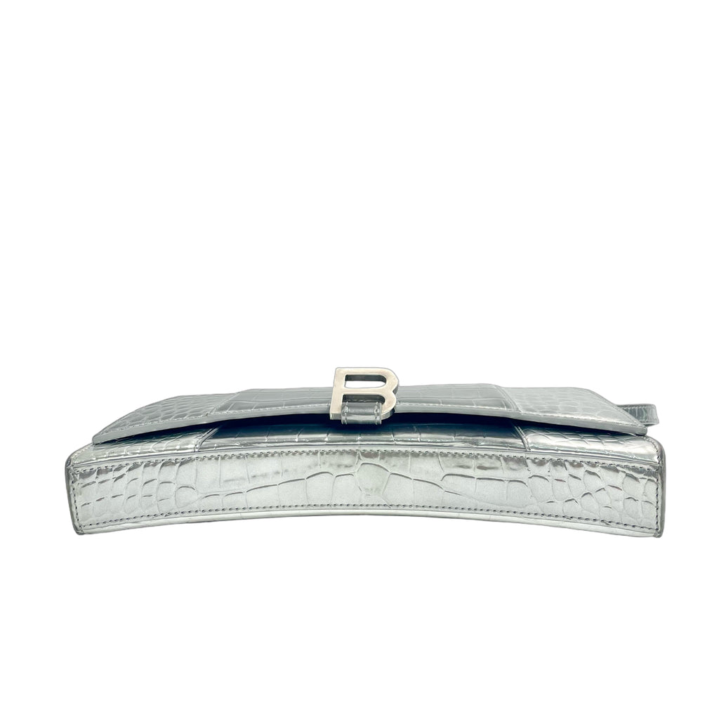Balenciaga Hourglass Small Shoulder Bag in Metallic Croc-Embossed Calfskin