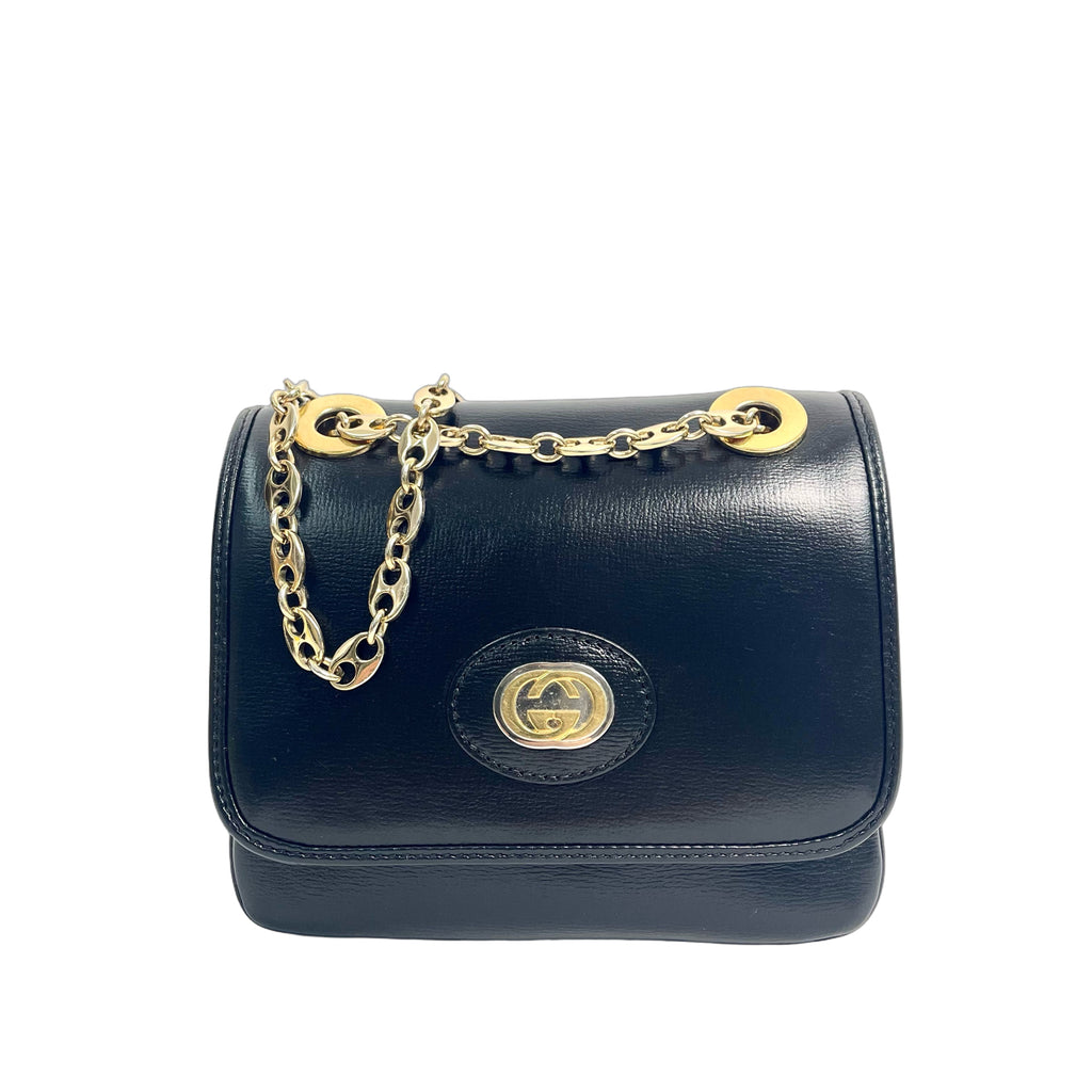 Gucci Vintage Interlocking G Marina Chain Shoulder Bag in Black Leather