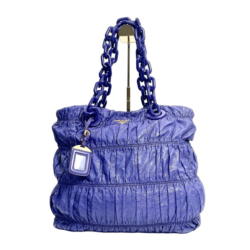 Prada Gaufre Ruched Leather Tote Bag with Chain Strap in Royal Blue