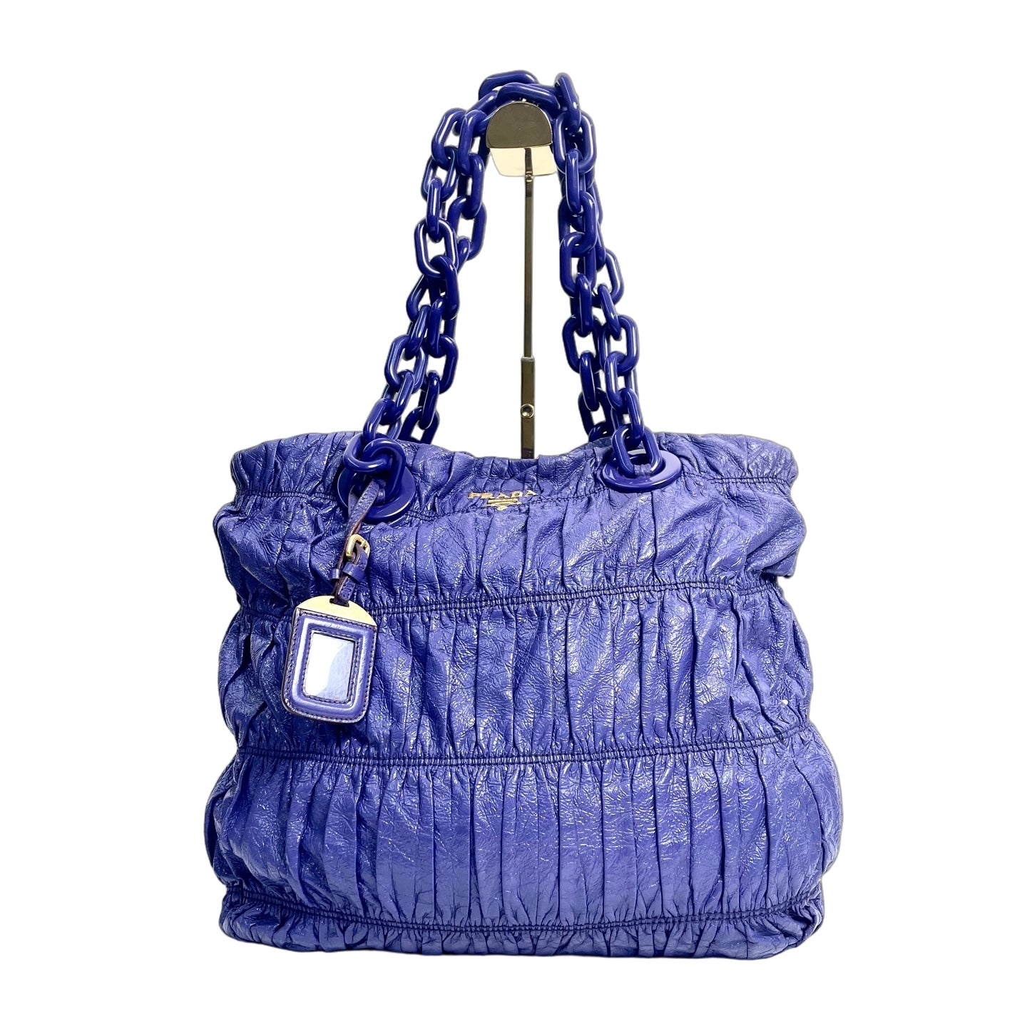Prada Gaufre Ruched Leather Tote Bag with Chain Strap in Royal Blue