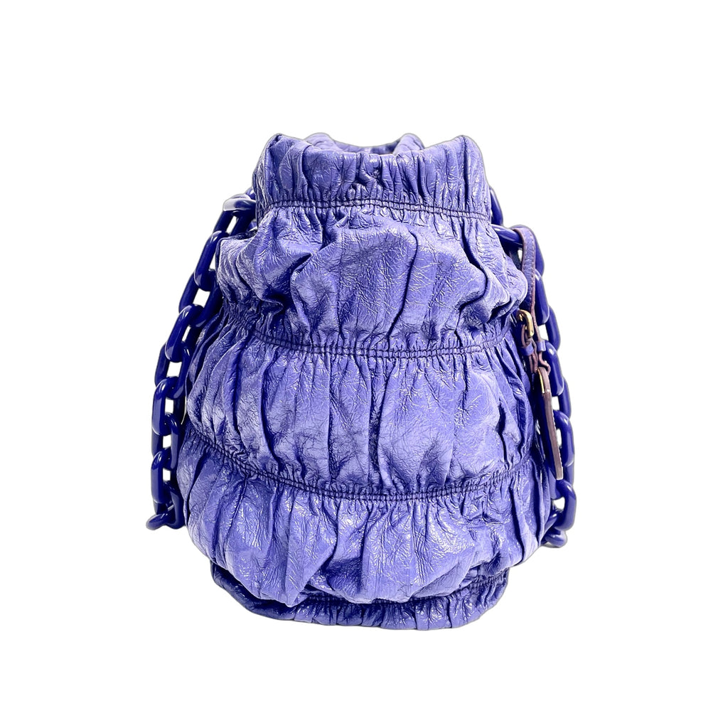 Prada Gaufre Ruched Leather Tote Bag with Chain Strap in Royal Blue