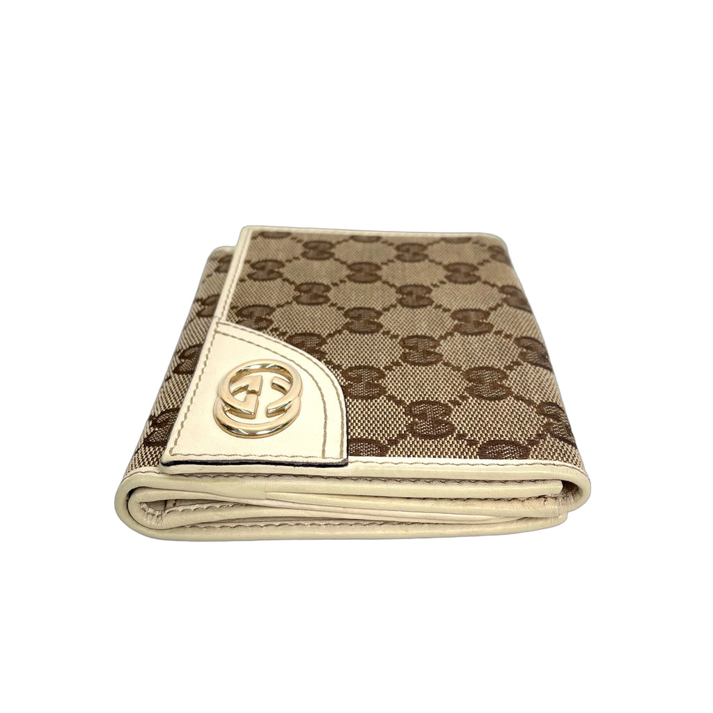 Gucci Interlocking G GG Canvas French Flap Wallet in Beige & White