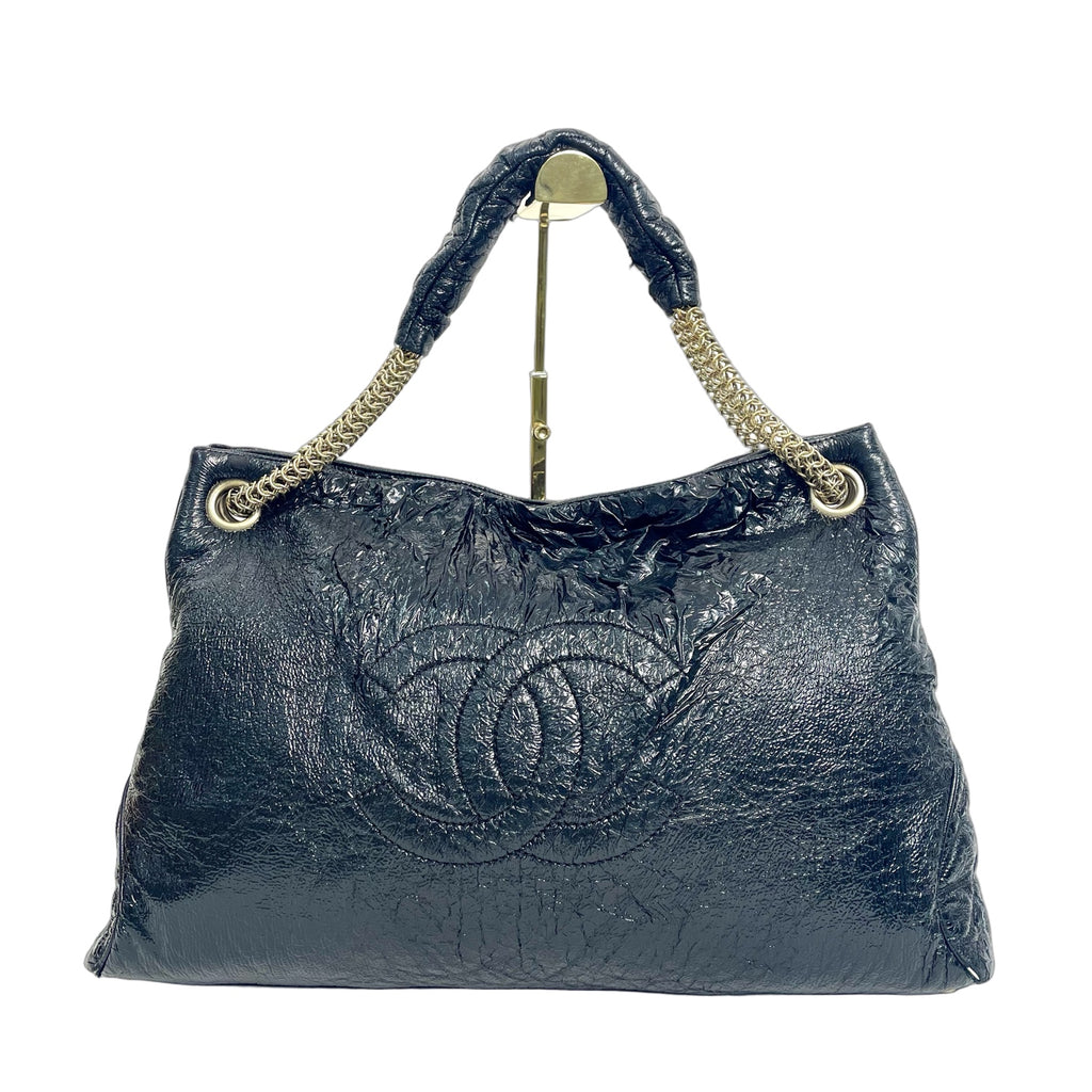Chanel Black Crinkled Vinyl Large CC Hobo Tote Bag