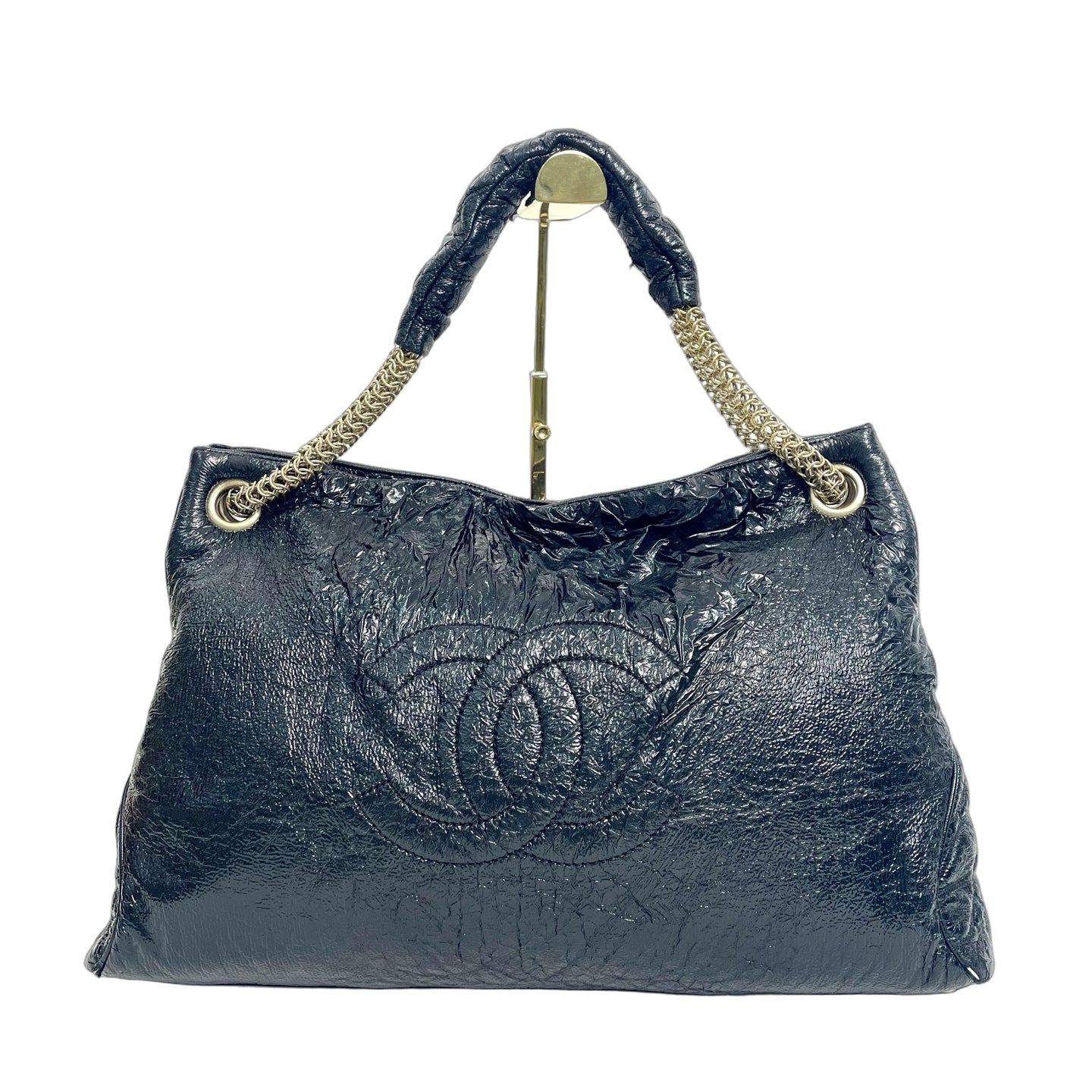 Chanel Black Crinkled Vinyl Large CC Hobo Tote Bag