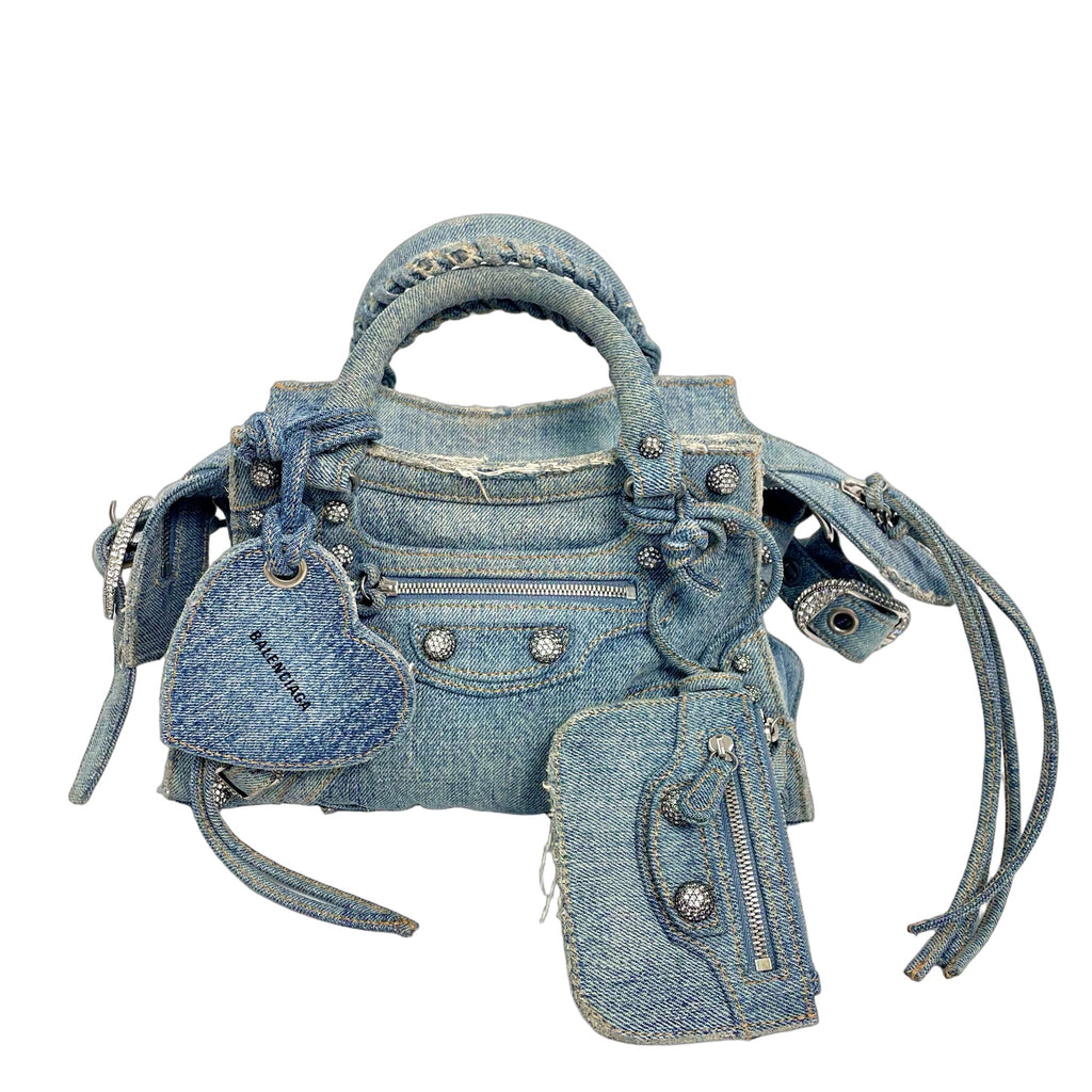 Balenciaga Neo Cagole XS Tote Bag in Washed Denim with Rhinestones